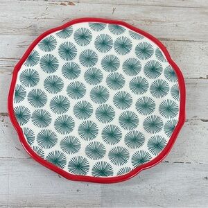 Pioneer Woman Happiness Dessert Salad Red Rim Scalloped Edge Plate Teal 8.75”